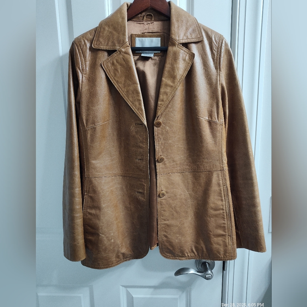 Vintage 100% Leather Brown Nine West Calvin Klein Button Down Jacket 70's Casual